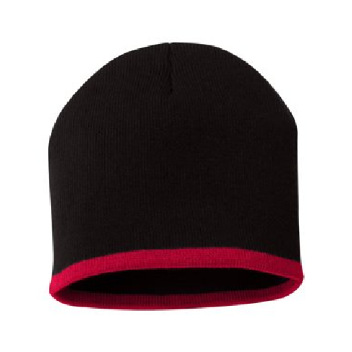 Bottom-Striped Embroidered Beanie in Black/ Red, front view